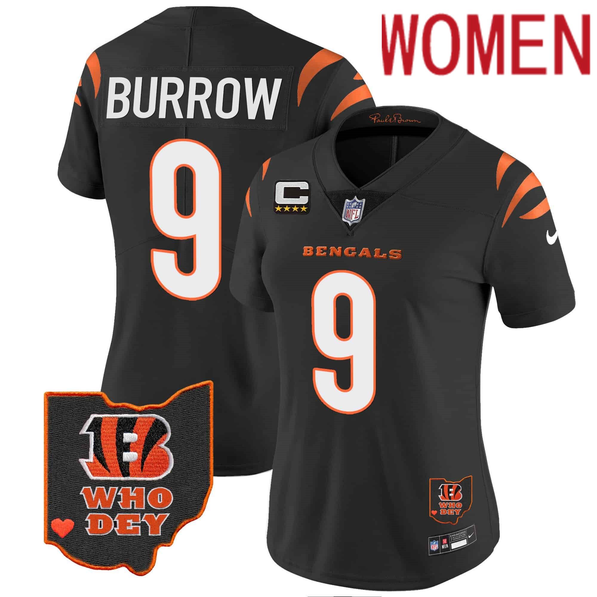 Women Cincinnati Bengals #9 Burrow Black 2024 Nike Patch Vapor Limited NFL Jersey style 1->women nfl jersey->Women Jersey